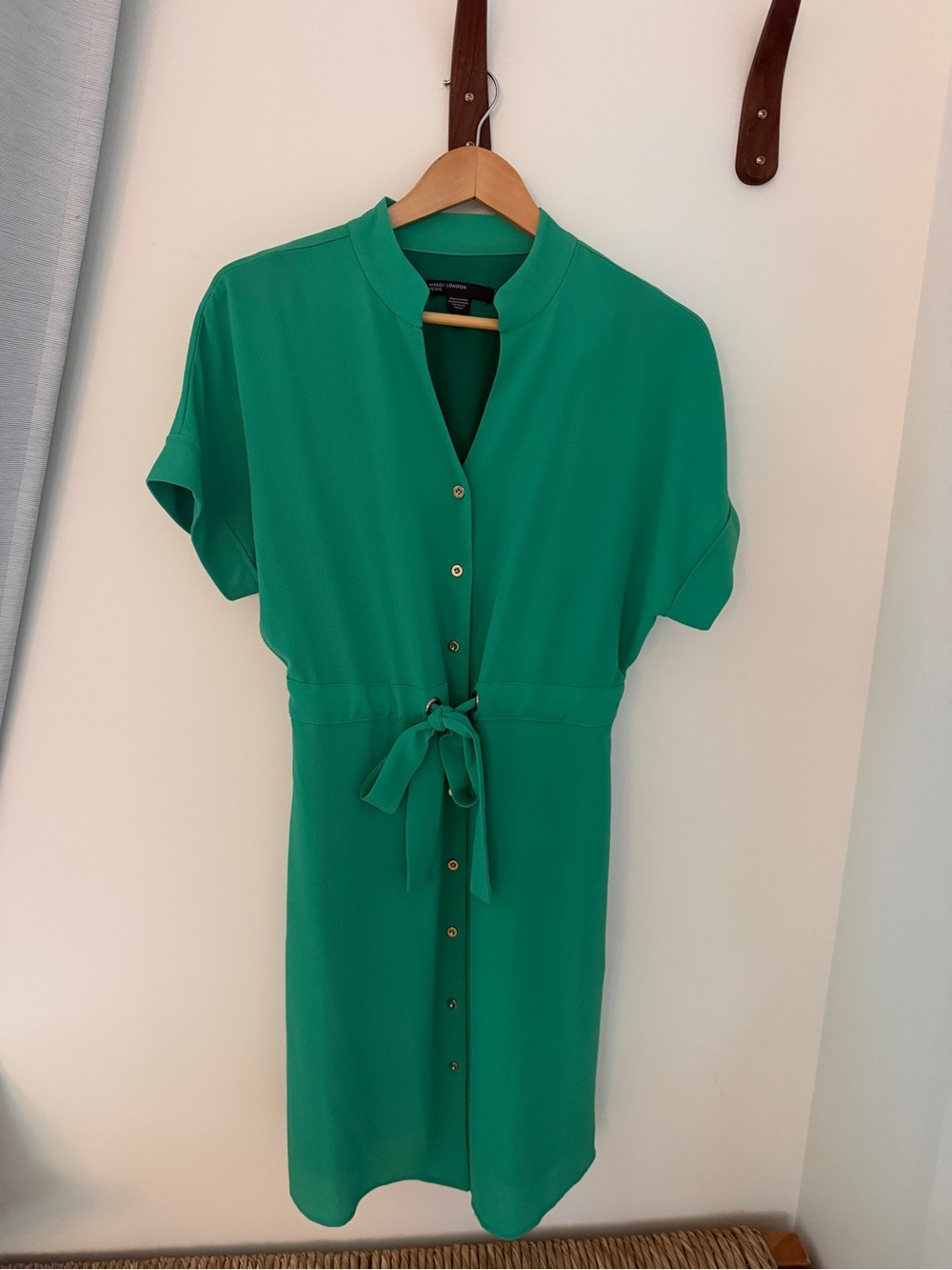 Maggy London Petite Green Button Front Tie Waist Dress 8P